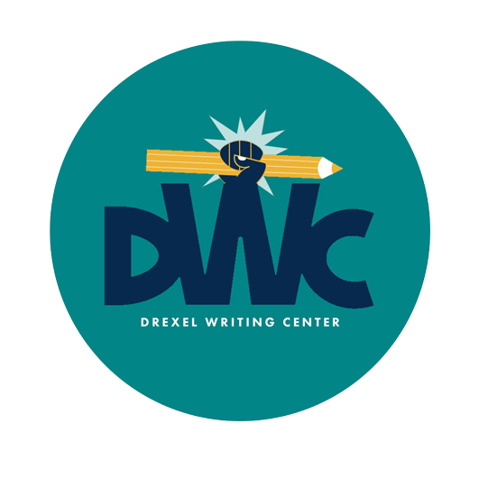 green circle image with navy letters, "DWC" for Drexel Writing Center, the "W" has a yellow pencil on top